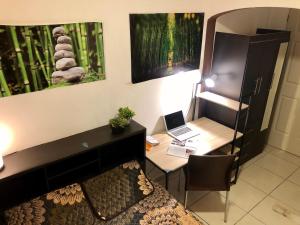 a bedroom with a desk and a laptop computer at Roomies Hostel - Roma in Mexico City
