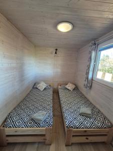 two beds in the inside of a room with a window at Kanadyjka in Lubień Kujawski