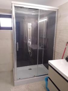 une douche avec une porte vitrée dans une salle de bain dans l'établissement Mircea, à Craiova