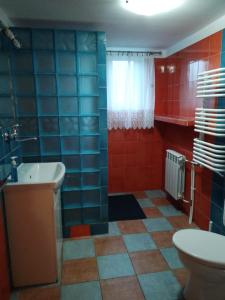 ein Bad mit einem Waschbecken, einem WC und roten Fliesen in der Unterkunft U bram Podbeskidzia in Ligota