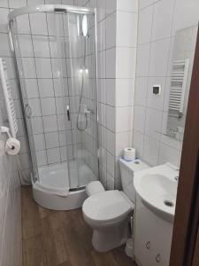a bathroom with a shower and a toilet and a sink at Willa AGAT in Ciechocinek +59 photos