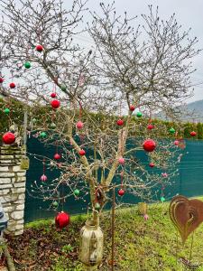 a tree decorated with christmas ornaments in a vase at Ferienhaus Sausalblick in Großklein