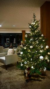 Un árbol de Navidad en una sala de estar junto a un sofá. en Maison Jenny Hotel Restaurant & Spa, en Hagenthal-le-Bas