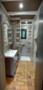 een badkamer met een wastafel en een douche bij L'Escandihado in Saint-Étienne-du-Grès
