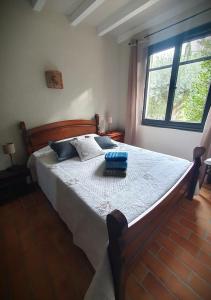 een groot bed in een slaapkamer met een raam bij L'Escandihado in Saint-Étienne-du-Grès