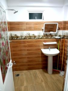 a bathroom with a sink and a toilet and a mirror at Village Inn in Daulagala