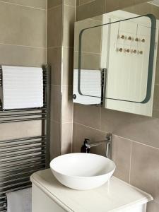 a bathroom with a white sink and a mirror at The Little Fern in Oxford