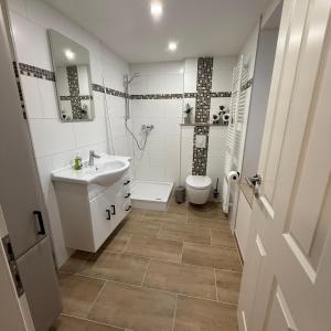 ein weißes Badezimmer mit Waschbecken und Toilette in der Unterkunft Ferienwohnung SüntelLoft in Hameln