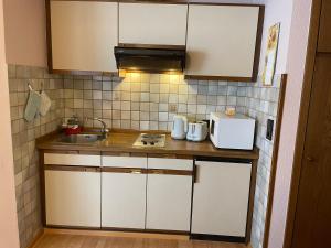 a small kitchen with white cabinets and a sink at Appartement an der Steinach in Nagold