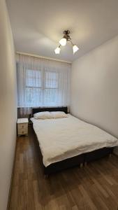 une chambre avec un lit et un ventilateur de plafond dans l'établissement M przy Broniewskiego, à Łomża