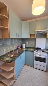 une cuisine avec un évier et une cuisinière dans l'établissement M przy Broniewskiego, à Łomża