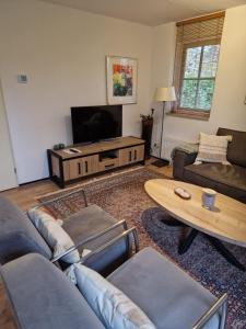 a living room with couches and a table and a tv at Buitenplaats Appelhoeve met sauna en hottub in Appelscha