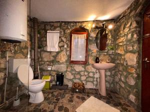 une salle de bain en pierre avec toilettes et lavabo dans l'établissement LaConac Lupsa, à Lupşa 88 autres photos
