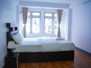 ThapathaliEverest Apartment 2BHK Thamel 5 min walk 2nd Floor的一间带大床和两扇窗户的卧室