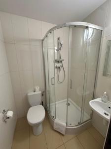 um banheiro com chuveiro, vaso sanitário e pia em GRACJA em Varsóvia