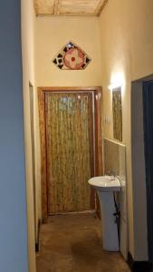 La salle de bains est pourvue d'un lavabo et d'une porte de douche. dans l'établissement Akagera Homestay Experiences, à Rwinkwavu