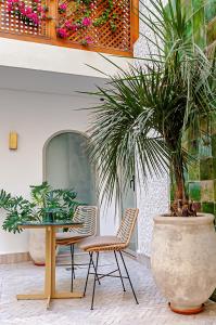马拉喀什RIAD DAR BAYANE的桌子和两把椅子以及盆栽植物 更多56张照片