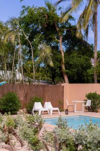 威廉斯塔德Oasis Haven Curacao的一个带两把椅子和一张桌子及椅子的游泳池