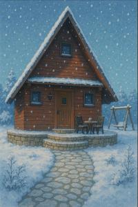 ein Gemälde einer Blockhütte im Schnee in der Unterkunft Guest House Zabljak in Žabljak