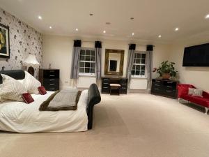 ein großes Wohnzimmer mit einem Bett und einem Fernseher in der Unterkunft Meadow Farm in Royal Wootton Bassett