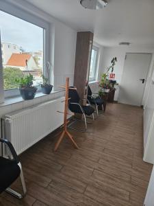 poczekalnia z krzesłami i dużym oknem w obiekcie Pension Isabel I w Bremie
