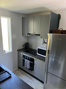 a kitchen with a refrigerator and a microwave at Wollongong Tiny Home in Coniston