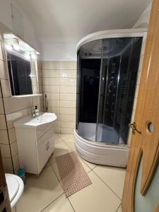 a bathroom with a shower and a sink at Dana in Piteşti