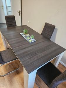 a dining room table with chairs and a wooden table at Seegarten in Görlitz +24 photos