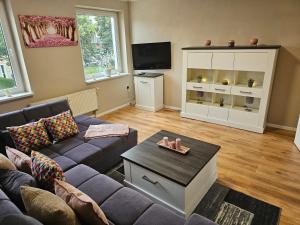 a living room with a couch and a tv at Seegarten in Görlitz