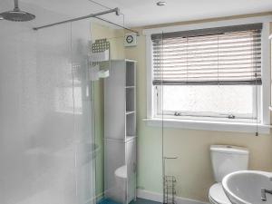 a bathroom with a shower and a toilet and a window at Number Twenty-Nine in Berwick-Upon-Tweed
