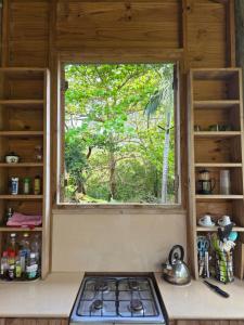 a window in a kitchen with a stove top oven at La Petite Ferme, Le Chalet in Vieux Grand Port +22 photos