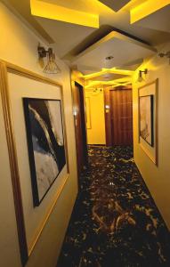 un pasillo en un hotel con pinturas en las paredes en Hotel Lotus Lide, en Gandhinagar