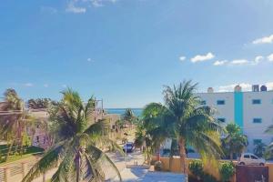 a group of palm trees in front of a building at Casa Brisamar , Studios in Puerto Morelos