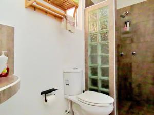 a bathroom with a white toilet and a shower at Casa Brisamar , Studios in Puerto Morelos +34 photos