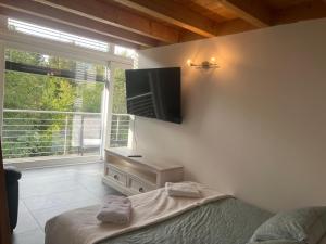 una camera da letto con un letto e una TV a parete di Loft lumineux et confortable a Grimisuat