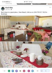 deux photos d'un salon avec une table et des chaises dans l'établissement Kivuli Holiday Homes Limited, à Galu