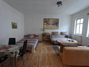 a living room with a couch and a bed and a table at Gemütliche zentrale Wohnung in Eisenach