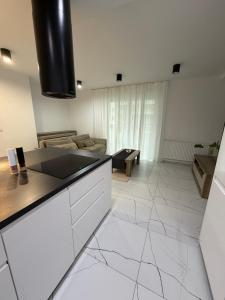 une cuisine avec un comptoir et un salon dans l'établissement Apartament 8, à Łobez