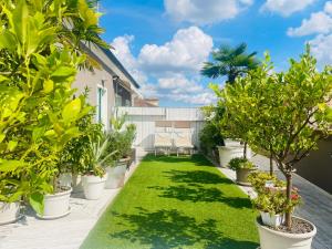 un jardin avec des arbres et des plantes sur une terrasse dans l'établissement CA' DEL SOLE - Attico Panoramico in Centro Storico, à Montagnana