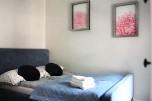 ein Schlafzimmer mit einem blauen Bett mit zwei Kissen in der Unterkunft APARTAMENT TETRIS - CENTRUM in Kielce