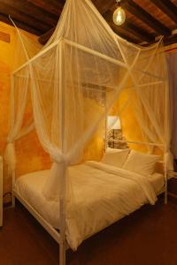 a bedroom with a bed with a mosquito net at The secret room in Pitigliano