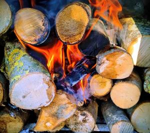 a pile of logs with fire in the background at L'Olivine Chambre d'hôtes in Profondeville