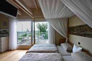 a bedroom with two beds and a large window at Erfurt Haus Paradies in Erfurt +91 photos