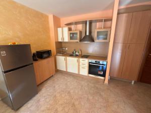 a kitchen with a stainless steel refrigerator and wooden cabinets at Apartment 24 in Pamporovo