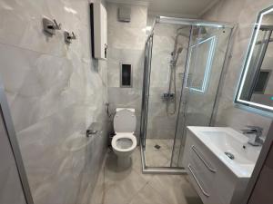 a bathroom with a toilet and a shower and a sink at Apartment 24 in Pamporovo