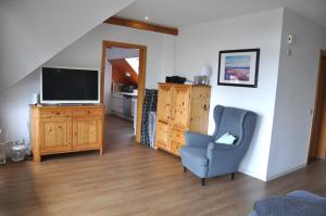 FeWo Oland في Hattstedt: غرفة معيشة فيها تلفزيون وكرسي ازرق