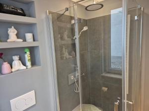 une douche avec une porte vitrée dans une salle de bain dans l'établissement Stadtnah an der Förde 5703, à Flensbourg
