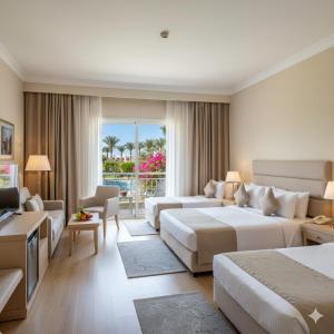 沙姆沙伊赫Prime Delta Sharm El Sheikh Resort的一间有两张床和一间客厅的酒店房间