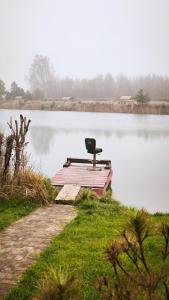 a chair sitting on a dock on a lake at Jaunrūtiņas dīķis in Salaspils