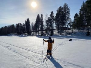 a person is on skis in the snow at Two bedroom duplex with peaceful views in Jyväskylä